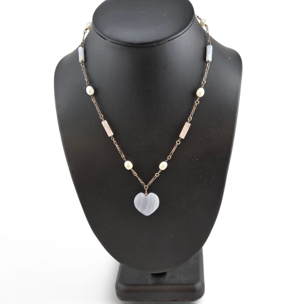 Sterling Silver 925 Cultured Pearl Gemstone Heart Pendant Necklace Thailand